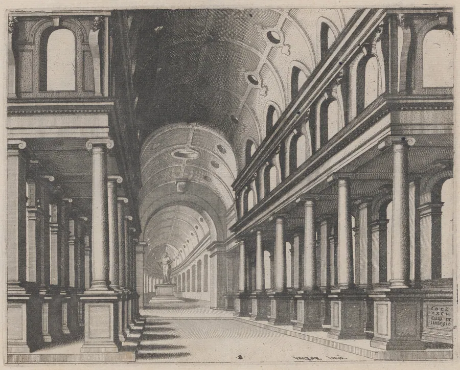 View into a Church with Ionic Columns and a Choir with a Statue by Lucas van Doetechum