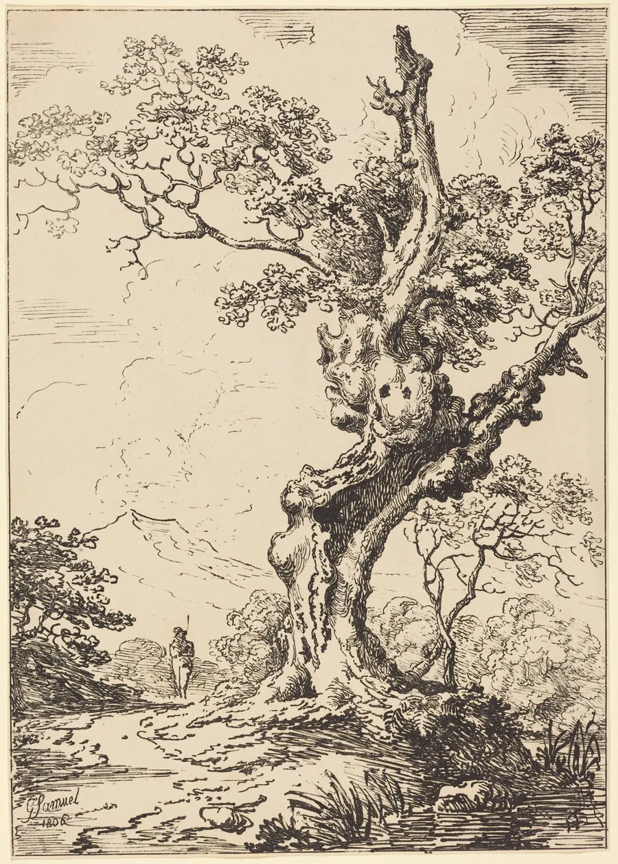 Study of an Old Oak Tree, Water on Right, a Man on Left by George Samuel