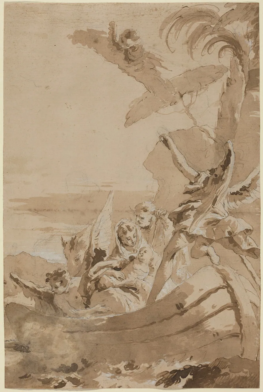 The Flight into Egypt with the Holy Family and Two Angels in a Skiff by Giustino Menescardi