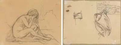 Study of a Female Nude (possibly for an unrealized allegorical painting) (recto); Studies of Drapery and Study of a Landscape (verso)