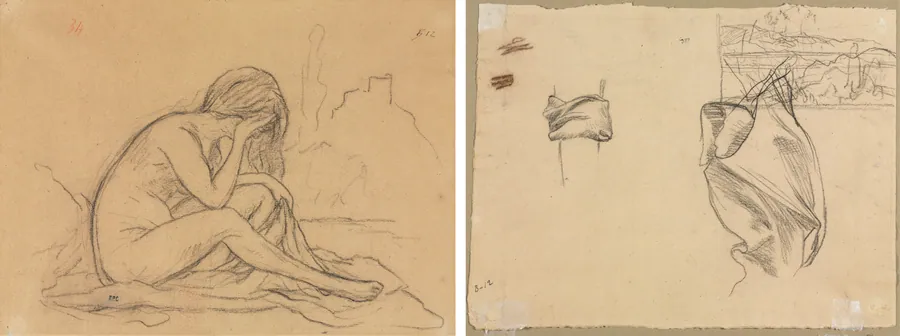 Study of a Female Nude (possibly for an unrealized allegorical painting) (recto); Studies of Drapery and Study of a Landscape (verso) by Pierre Puvis de Chavannes