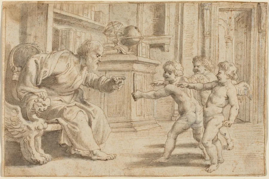 Putti Testing a Man's Perception of Depth by Sir Peter Paul Rubens