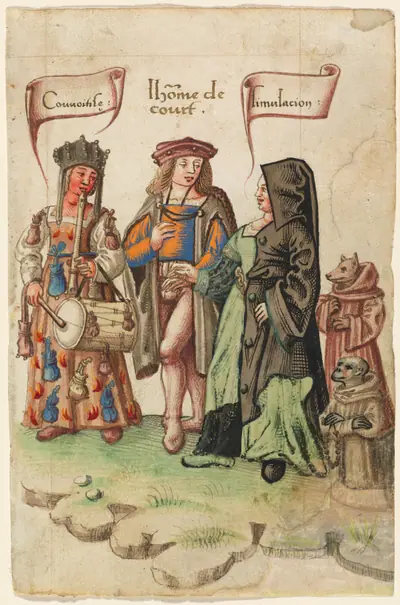 A Courtier Standing Between Covetousness and Dissimulation [fol. 14 recto]