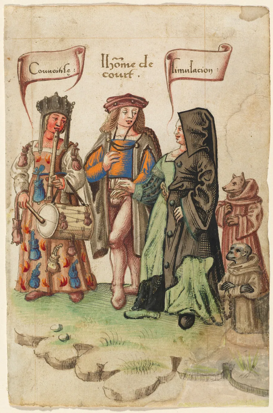 A Courtier Standing Between Covetousness and Dissimulation [fol. 14 recto] by French early 16th Century