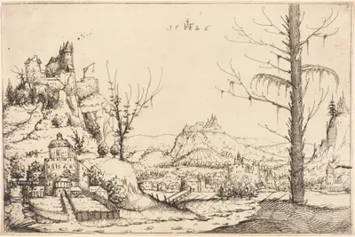 Landscape with High Cliffs, River, and City