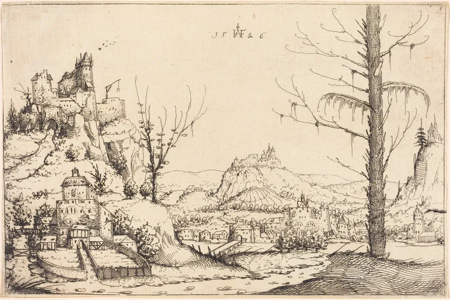 Landscape with High Cliffs, River, and City by Augustin Hirschvogel