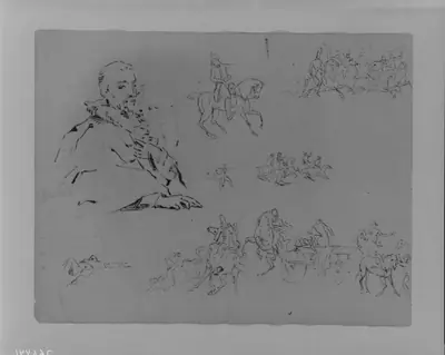 Seated Male (after Van Dyke); Soldier on Horseback; Soldiers on Horseback; Dying Figure; Soldiers on Horseback; Dead Figure; Military Scene (from Sketchbook)