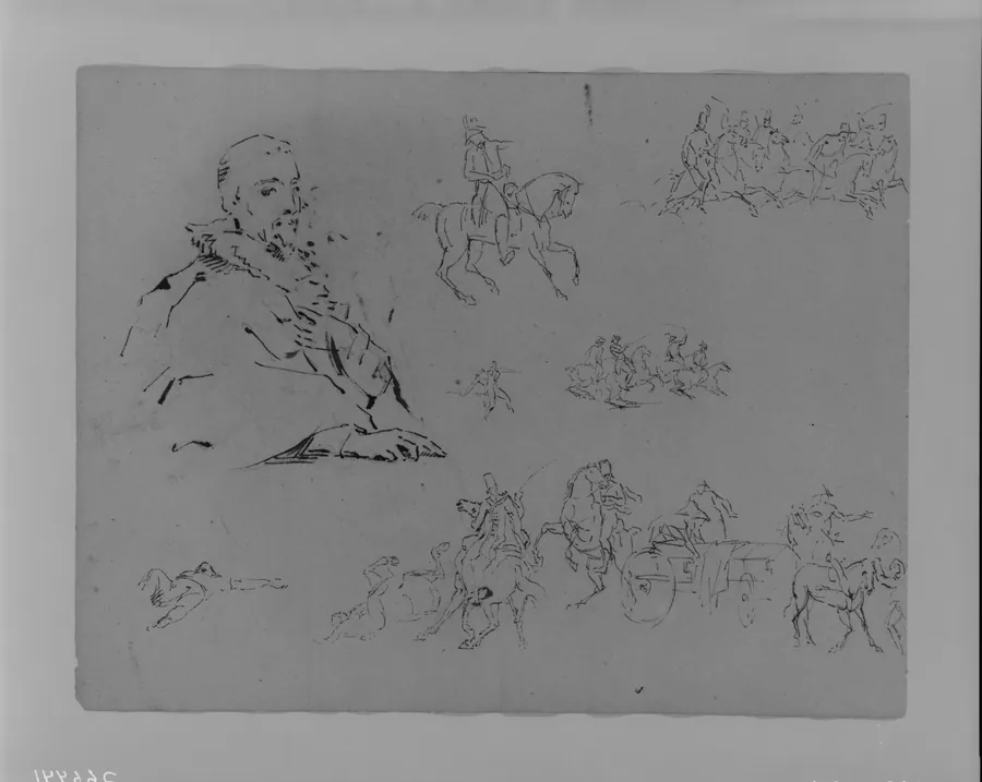 Seated Male (after Van Dyke); Soldier on Horseback; Soldiers on Horseback; Dying Figure; Soldiers on Horseback; Dead Figure; Military Scene (from Sketchbook) by Thomas Sully
