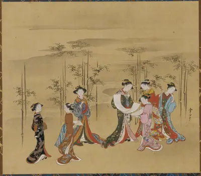 Seven young women in a bamboo grove