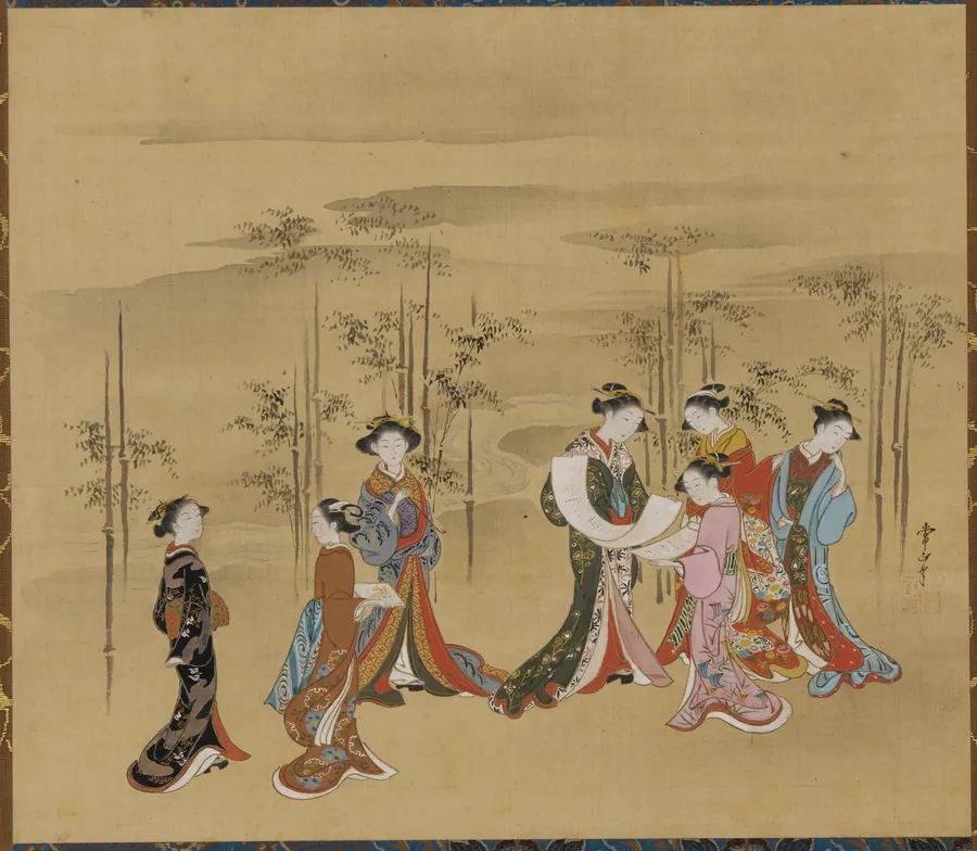 Seven young women in a bamboo grove by Kawamata Tsunemasa 川又常正 (fl. 1716-1748)