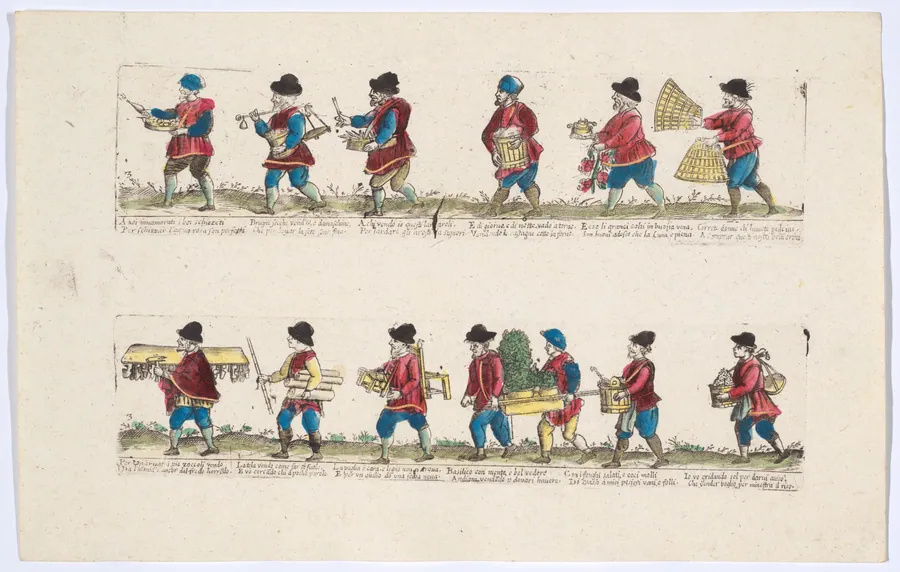 Plate 3 depicting the trades of Rome, here including vendors of flowers, chairs, basil etc, from the 'Descrición de las artes que se llaman para los calles de la ciudad de Roma' by Giovanni Ambrogio Brambilla