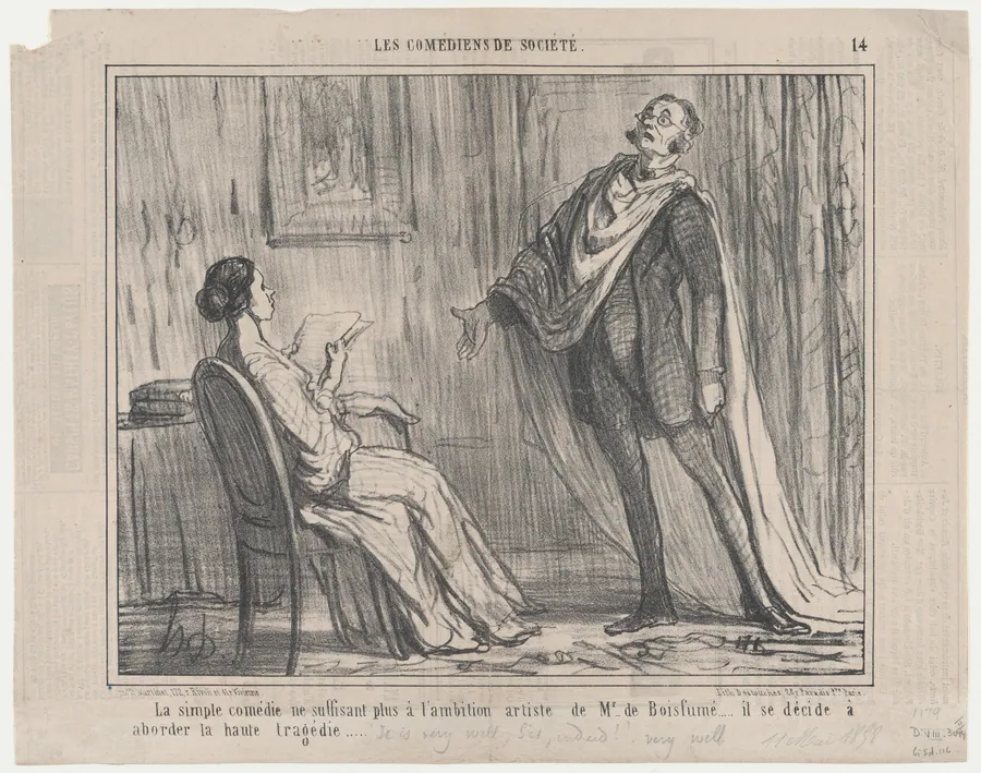 La simple comédie ne suffisant plus à l'ambition artiste de Mr. de Boisfumé..., from Les Comédiens de Société, published in Le Charivari, May 11, 1858 by Aaron Martinet