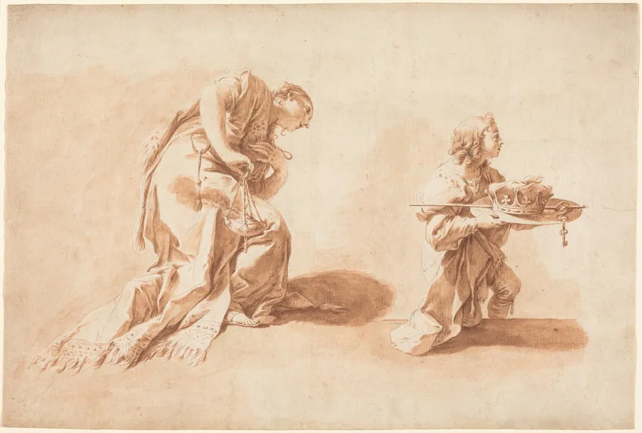 A Kneeling Woman with an Incense Burner and a Page Holding a Crown and Scepter by Anton Kern