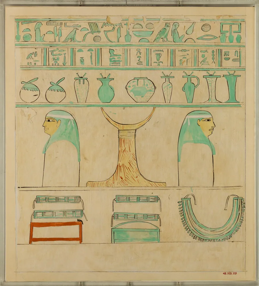 Facsimile of the painting at the head end of the sarcophagus of Aashyt by Charles K. Wilkinson