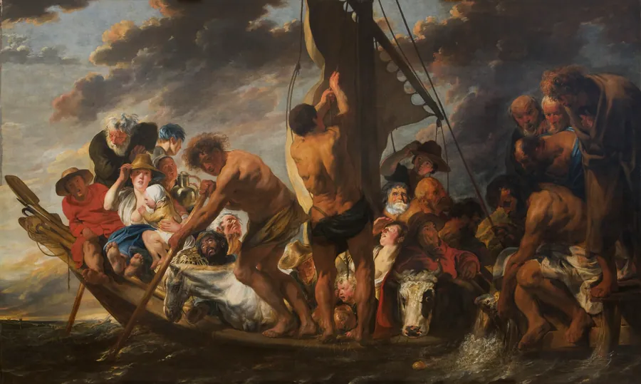 Tempelskatten. Peter finder mønten i fiskens gab. Også kaldet "Færgebåden til Antwerpen" by Jacob Jordaens