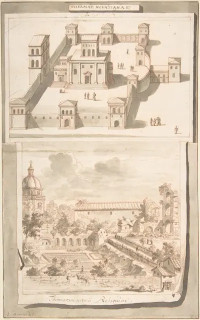 A Reconstruction of the Thermae of Novitian (above) and a View of the Ruins (below)
