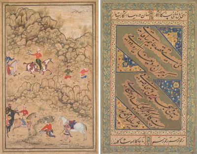 Hunting with falcons in a landscape; verso: Calligraphy of Chaghatai Turkish poems in praise of wine, Sultan Muhammad Nur (Persian, c. 1472–1536) and Mirza Muhammad (probably Persian, active c. 1520s)