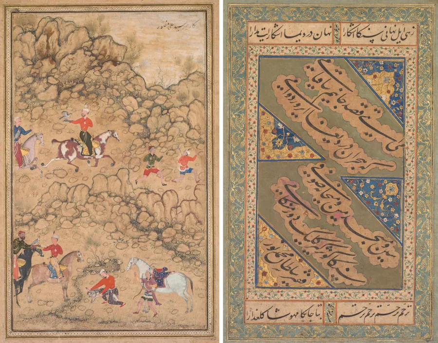 Hunting with falcons in a landscape; verso: Calligraphy of Chaghatai Turkish poems in praise of wine, Sultan Muhammad Nur (Persian, c. 1472–1536) and Mirza Muhammad (probably Persian, active c. 1520s) by Abd al-Samad