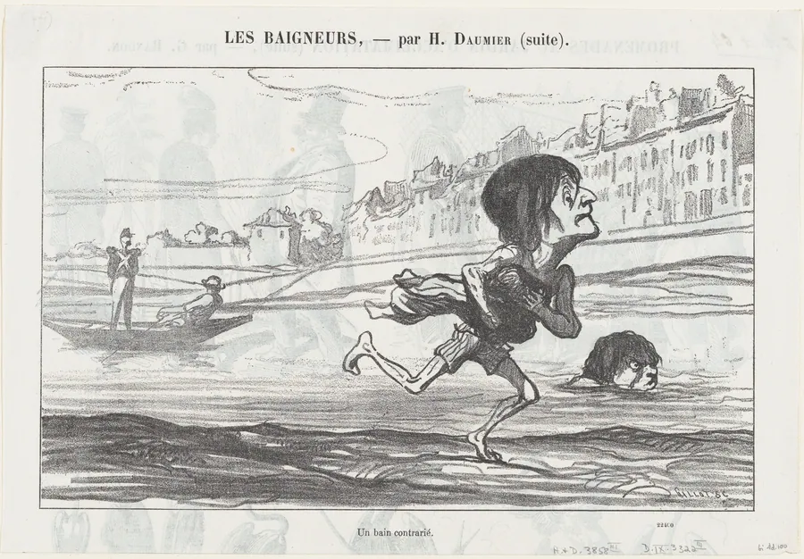 A forbidden swimming pleasure, from 'The bathers,' published in Le Petit Journal pour Rire, August 6, 1864 by Honoré Daumier