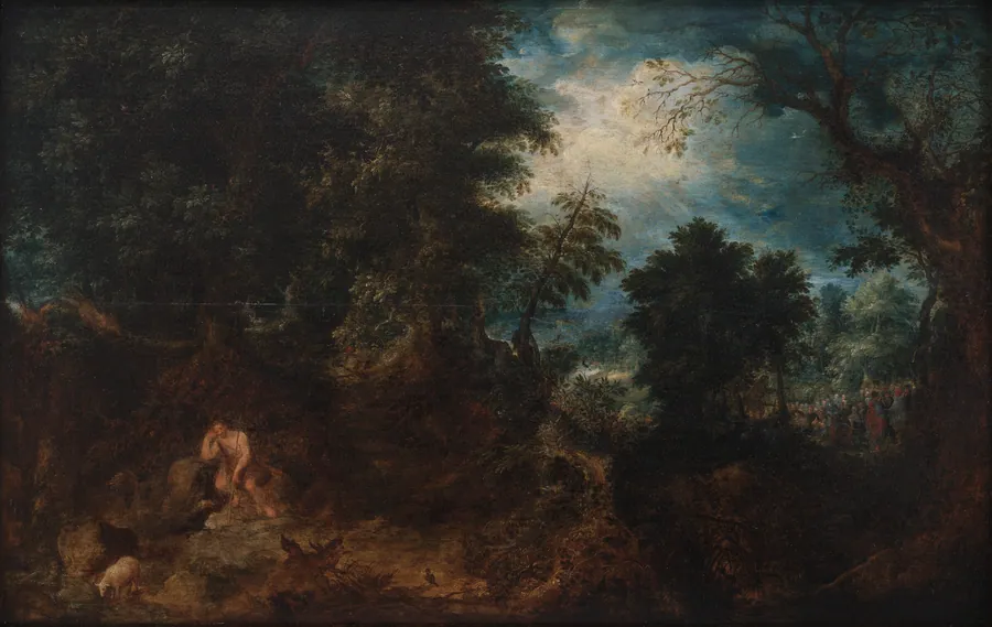 Skovlandskab med Johannes Døberen i ødemarken, Johannes Døberens prædiken og Jesu dåb by Abraham Govaerts
