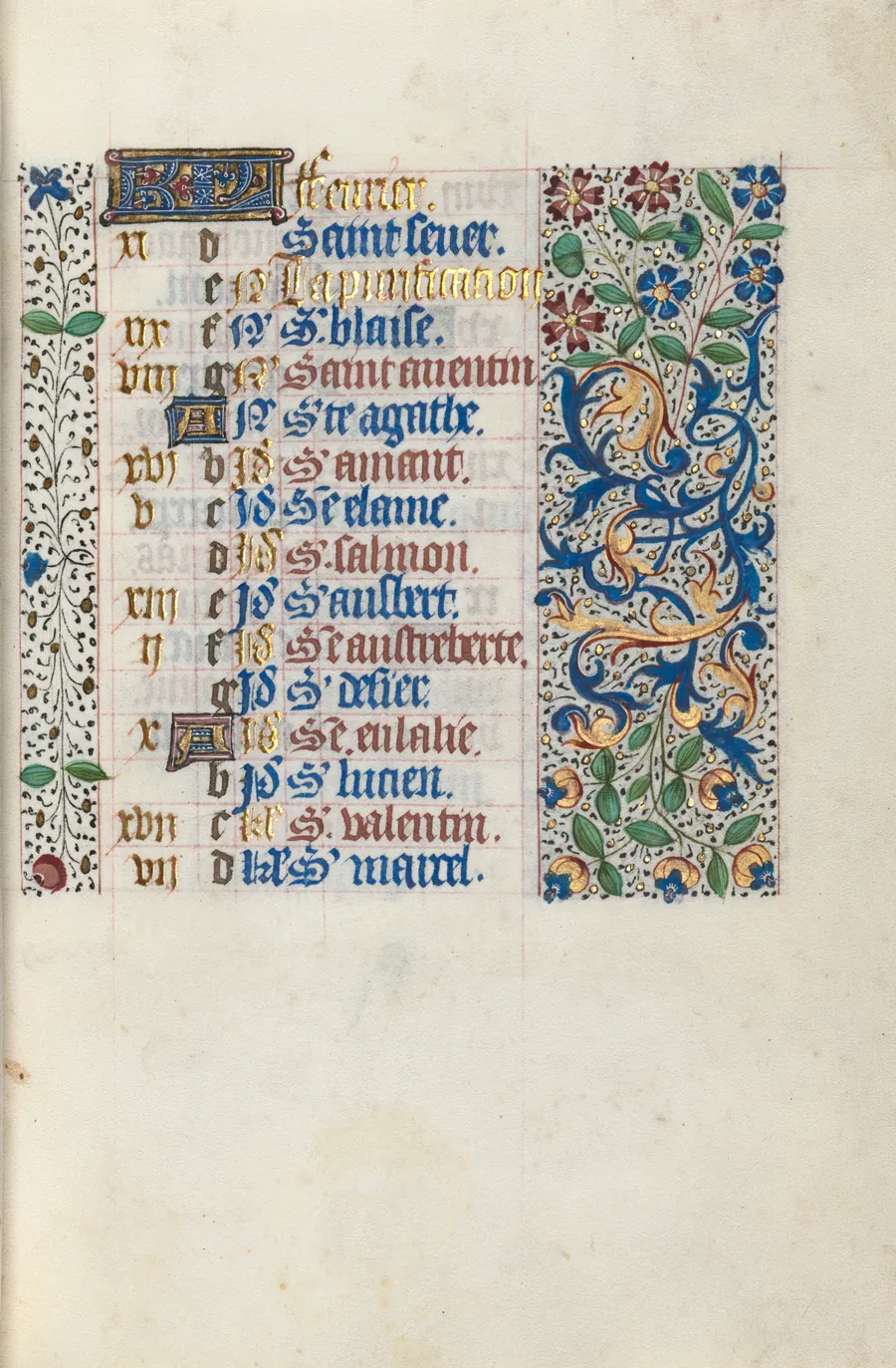 Book of Hours (Use of Rouen): fol. 2r, Calendar Page for February by Master of the Geneva Latini