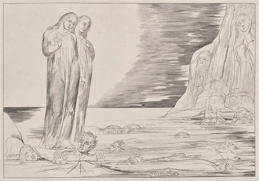 The Circle of the Traitors: Dante's Foot Strriking Bocca degli Abbate, from Dante's Inferno, Canto XXXII Illustration to Dante's The Divine Comedy by William Blake