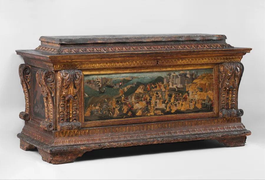Cassone with painted front panel depicting the Conquest of Trebizond by Apollonio di Giovanni di Tomaso