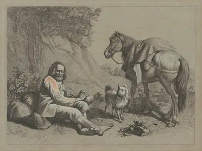 Seated Old Man about to Drink from a Gourd