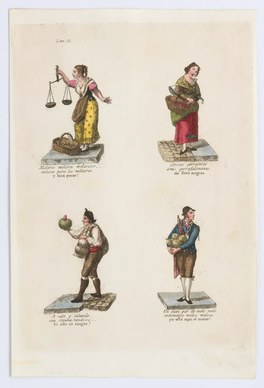 Plate 12: four street vendors from Madrid selling dried fruit, cherries, and melons, from 'Los Gritos de Madrid' (The Cries of Madrid) by Imprenta Real, Madrid