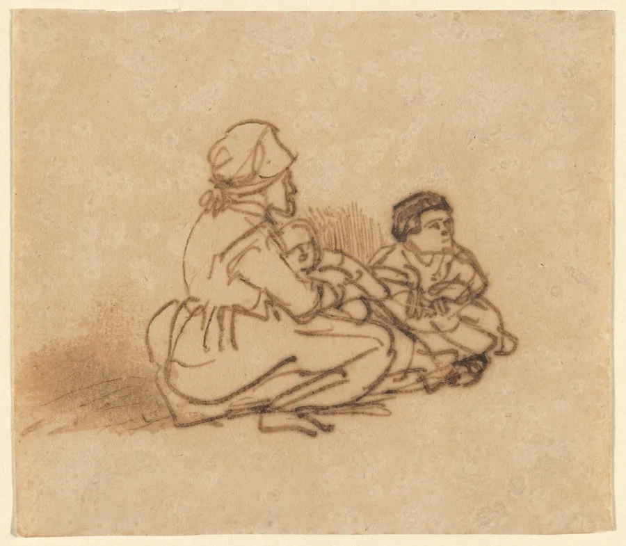 Woman Seated on the Ground with Two Children by Rembrandt van Rijn