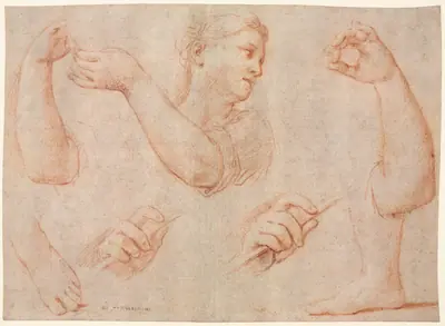 Study of a Young Woman Playing a Tambourine, and Studies of an Arm, Hands, and Feet (Studies for  "Miriam Leading the Chorus of Women Who Give Thanks for the Routing of Pharoah"