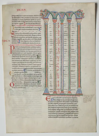Single Leaf from a Decretum by Gratian: Quadruple Arcade with Concordance of Greek and Latin Alphabets