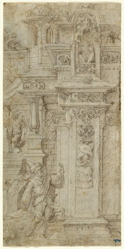 Two Kings and a Woman Leaving an Elaborate Palace