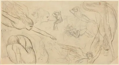 Sheet of Studies with Angels and Cowering Figures (Illustration for Macklin's Bible?)