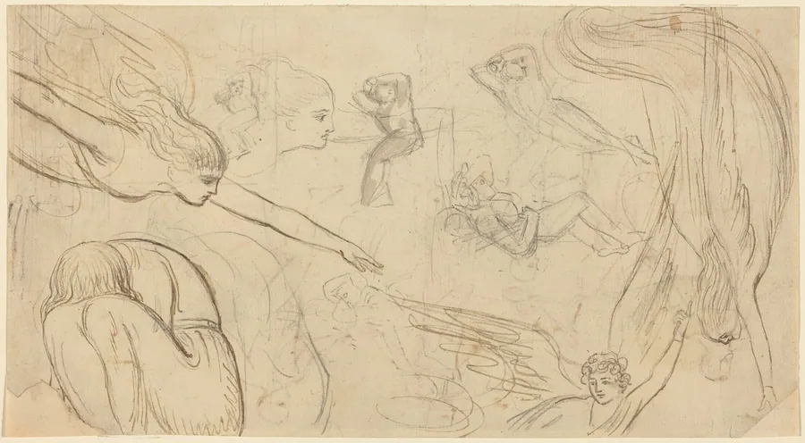 Sheet of Studies with Angels and Cowering Figures (Illustration for Macklin's Bible?) by Thomas Stothard