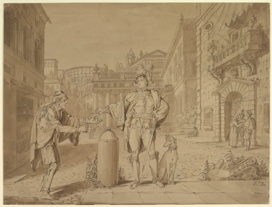 Nobleman Giving Alms to Beggar in Piazza near the Coliseum by Conrad Martin Metz