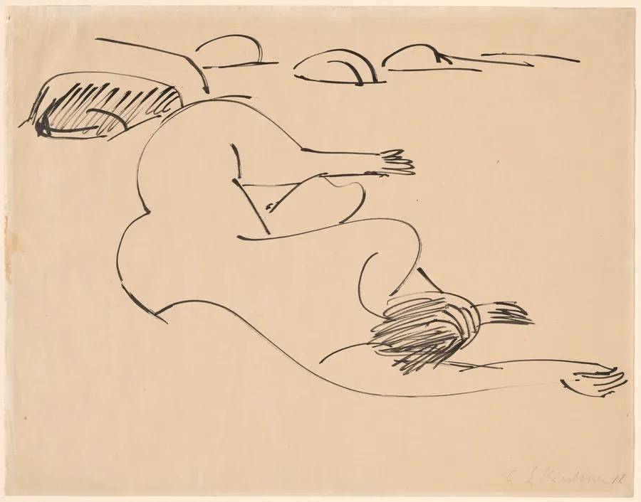 Erna Lying on the Beach among Rocks by Ernst Ludwig Kirchner