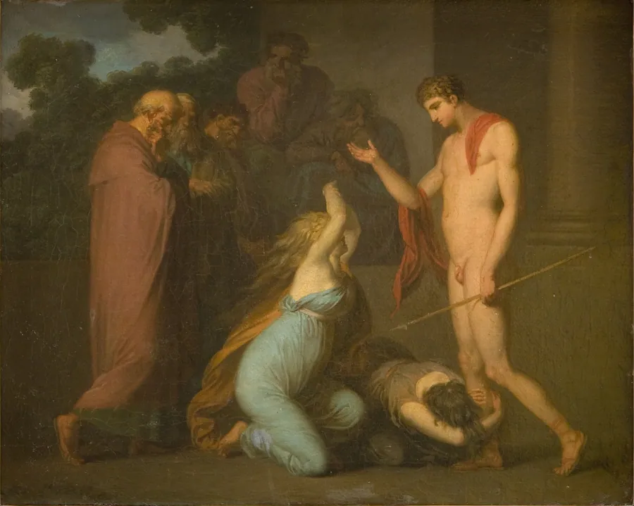 Ødipus´ døtre Ismene og Antigone bønfalder Theseus om at vise dem stedet hvor deres far er begravet by Nicolai Abildgaard