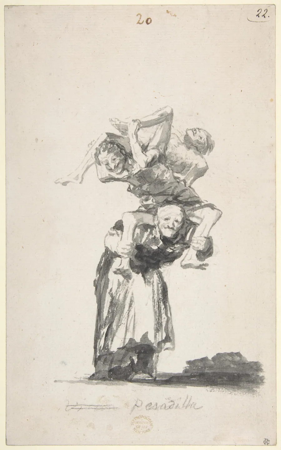 'Nightmare'; an old woman carrying figures on her back; page 20 from the Witches and Old Women  Album (D) by Goya (Francisco de Goya y Lucientes)