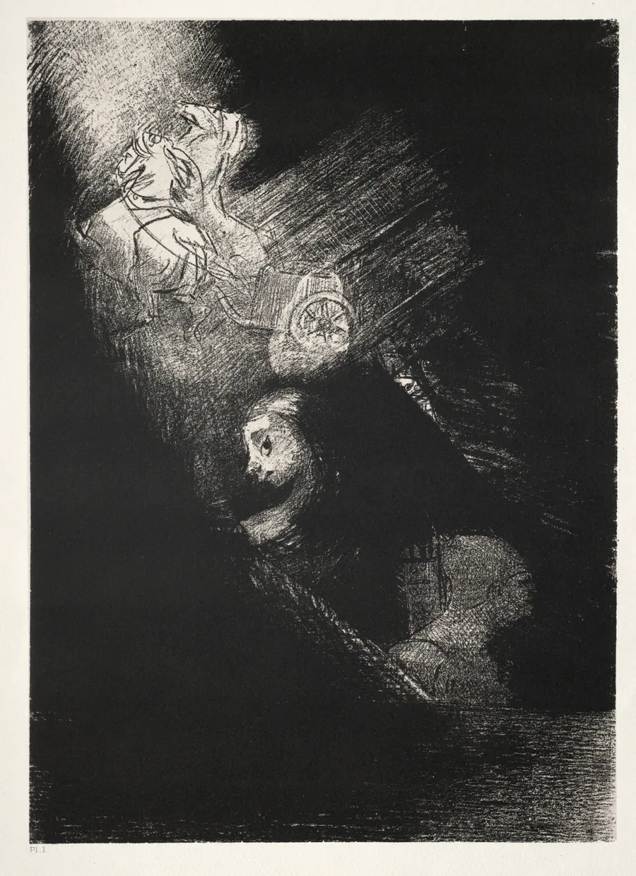 First a Pool of Water, Then a Prostitute, the Corner of a Temple, a Soldier's Face, a Chariot with Two White, Rearing Horses by Odilon Redon