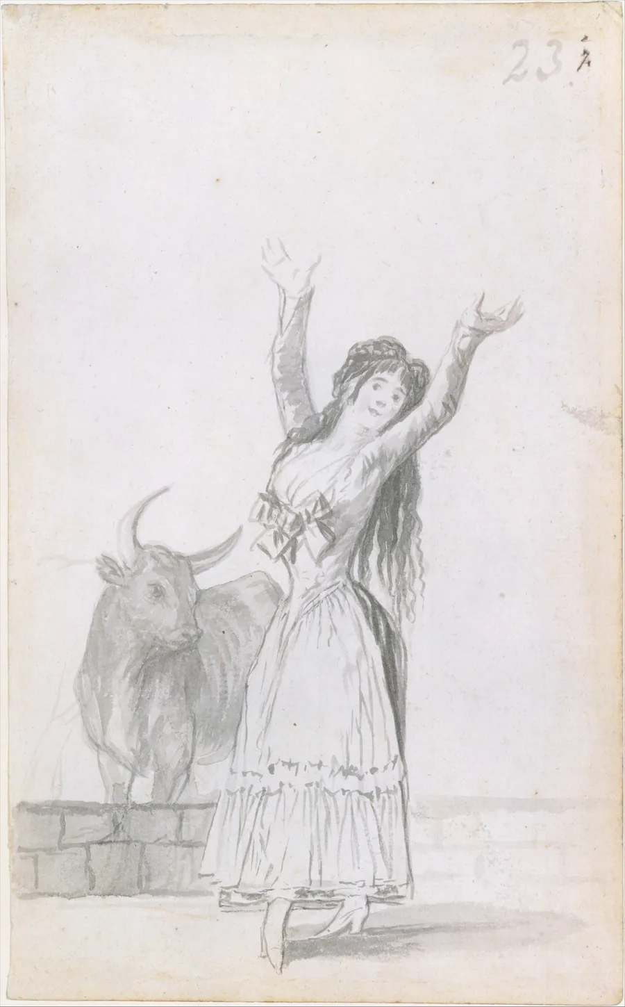 A young woman dancing, her arms raised, a bull in the background; folio 23 (recto) from the Madrid Album 'B' by Goya (Francisco de Goya y Lucientes)