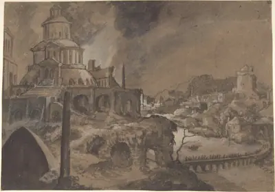Fantastic Landscape with Figures Crossing a Bridge