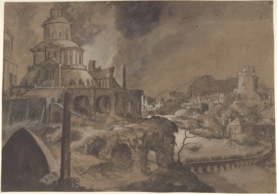 Fantastic Landscape with Figures Crossing a Bridge by Lancelot Blondeel