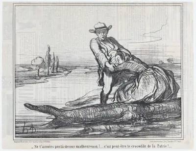 Ne t'assoies pas là-dessus malheureuse!.... c'est peut-être le crocodile de la Patrie!...., from Actualités, published in Le Charivari, July 8, 1858