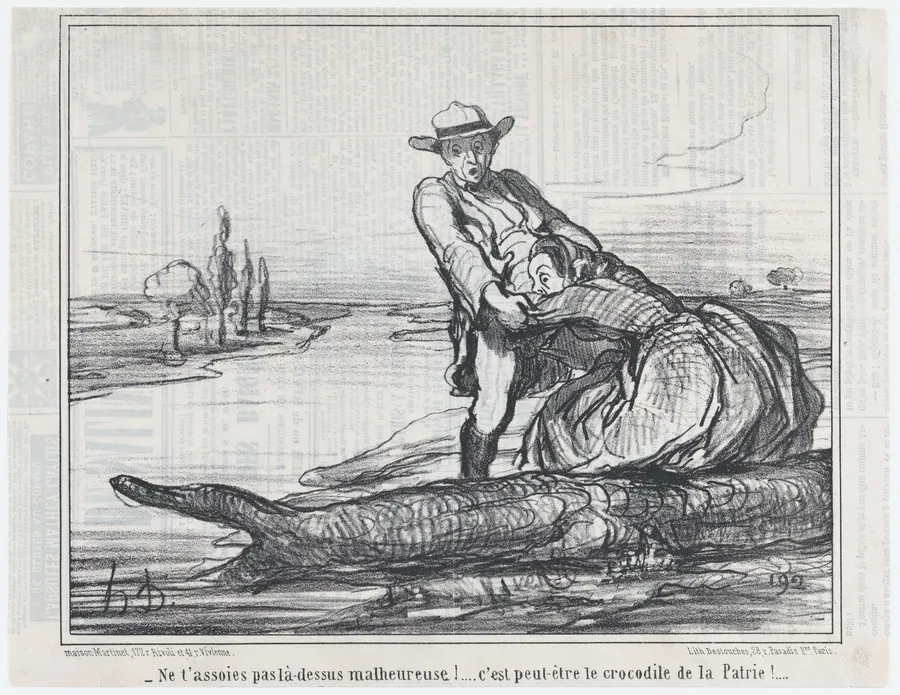 Ne t'assoies pas là-dessus malheureuse!.... c'est peut-être le crocodile de la Patrie!...., from Actualités, published in Le Charivari, July 8, 1858 by Aaron Martinet