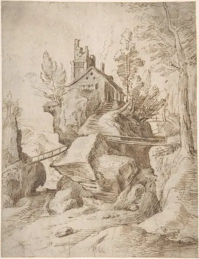 Fantastic Rocky Landscape with a Farmhouse and Three Foot Bridges