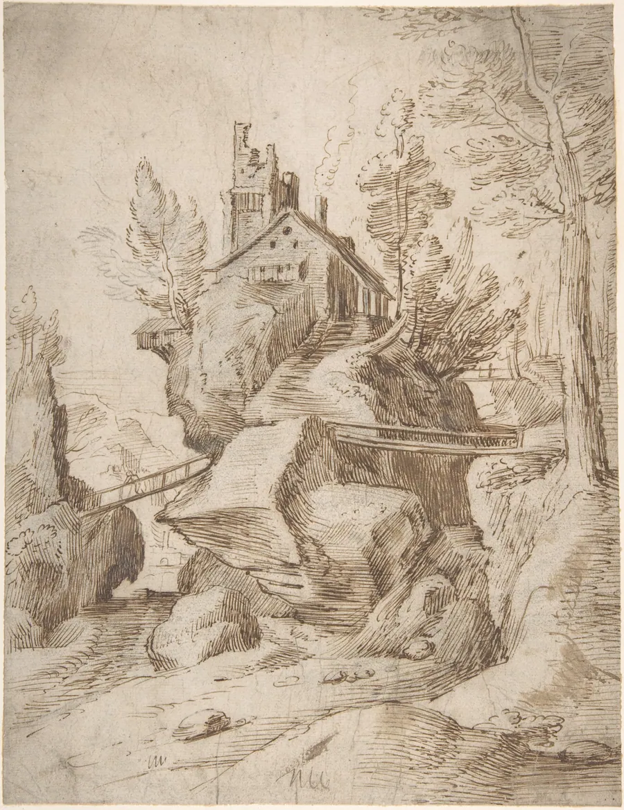 Fantastic Rocky Landscape with a Farmhouse and Three Foot Bridges by Matthijs Bril the Younger