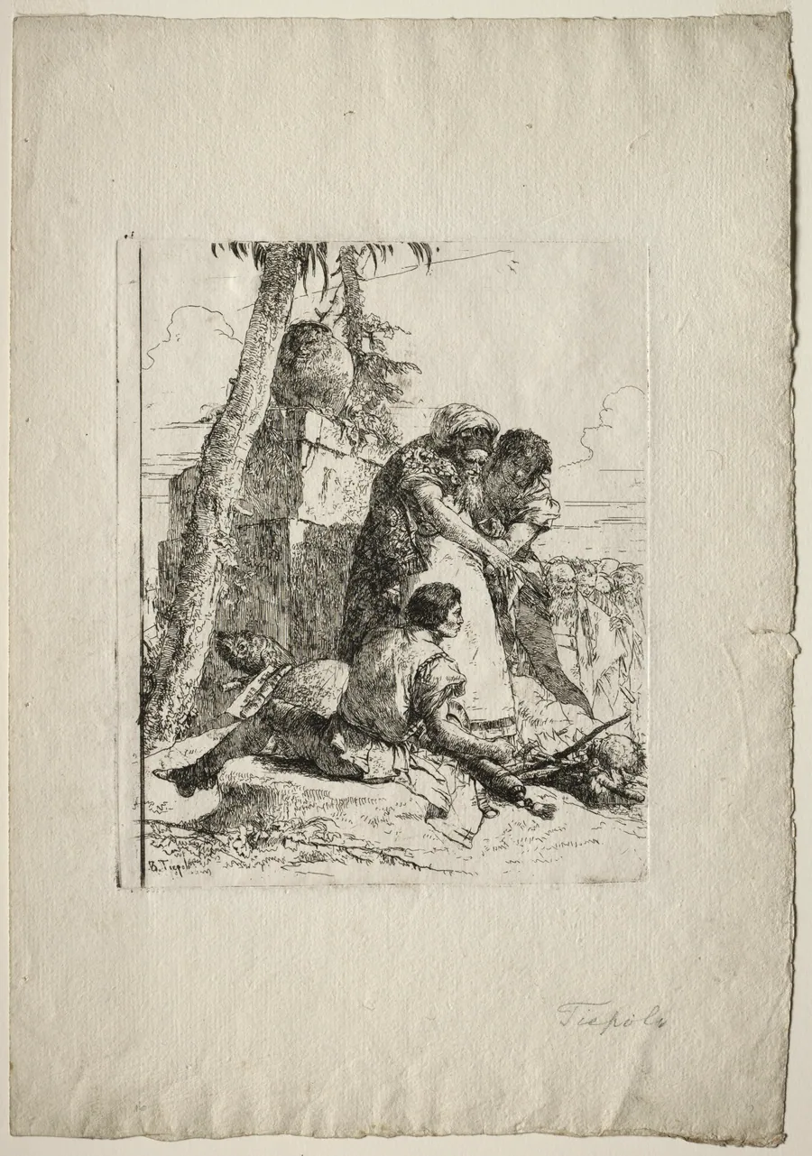 Scherzi di Fantasia: Magician Pointing Out a Burning Head to Two Youths by Giovanni Battista Tiepolo