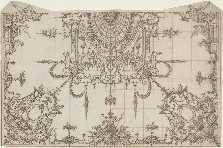 An Elaborate Ceiling with Trellises and Seated Figures by Jean Bérain