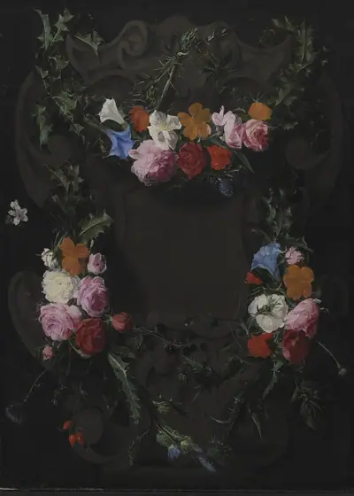 Stenkartouche med blomsterguirlande